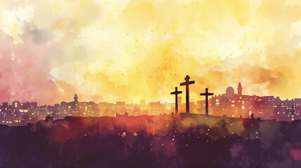 Three crosses silhouetted against a vibrant sunrise with a cityscape in the background. Concepts of spirituality, faith, and hope.