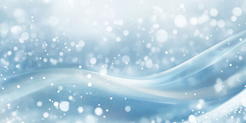 Abstract winter background with soft blue and white bokeh, representing snowfall with a gentle, flowing wave across the image, perfect for copy space.