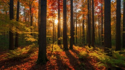 Obraz premium Golden sunlight shines through a dense forest, casting long shadows across the forest floor and illuminating the vibrant autumn foliage.