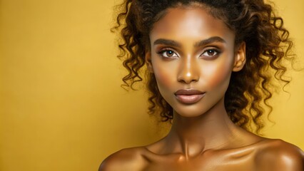 Obraz premium Portrait of a Young Woman with Curly Hair and Golden Skin