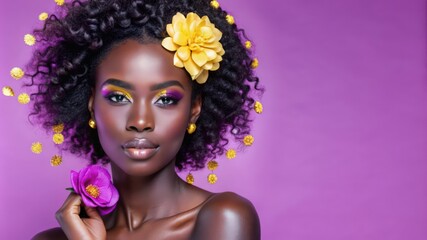 Naklejka premium Portrait of a Black Woman with Flowers and Makeup