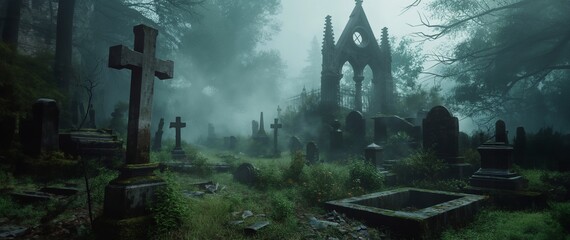 Fog rolling through a cemetery full of aged and weathered headstones and crosses, with a gothic mausoleum in the background