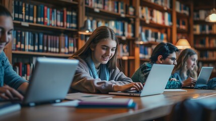 Young people collaborating on a project in a bright, modern library, studying together using laptops and books, focused and engaged, sharing knowledge and learning as a team at school or university