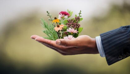 blooming flowers and plants in palm of hand 