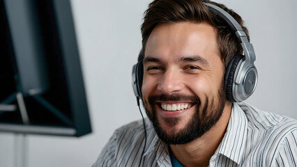 Man smiling in headphones listening to music in front of computer monitor on light background