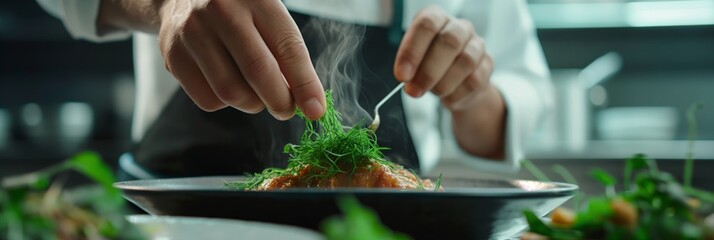 A chef is adding fresh green herbs to a steaming dish in a professional kitchen, emphasizing culinary creativity and meticulous presentation.