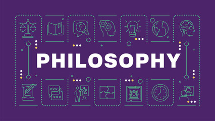 Fototapeta premium Philosophy dark purple word concept. School subject. Critical thinking. Human existence. Horizontal vector image. Headline text surrounded by editable outline icons. Hubot Sans font used