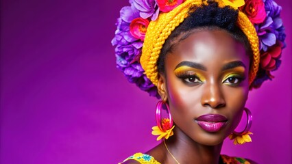 Naklejka premium Portrait of a Woman with Bold Makeup and Floral Headband