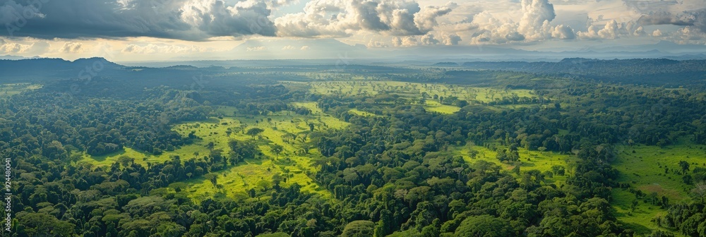 Poster aerial perspective of a vibrant forest interspersed with clearings and fields beneath a partially cl