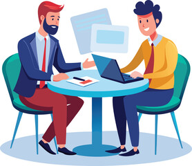 Partners meeting for business discussion with documents and laptop on desk. Couple at round table, speaking, discussing work, partnership. Flat vector illustration isolated on white background