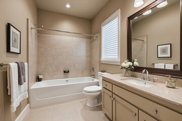 Elegant Beige Bathroom Design Featuring Bathtub Sink and Mirror as Focal Points