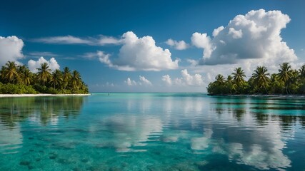 A serene lagoon with clear turquoise water and palm trees on the shore.  The sky is bright blue with puffy white clouds reflecting in the water.