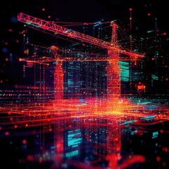 Fototapeta premium Futuristic 3D Construction Site with Cranes and Digital Charts Representing Modern Engineering Integration 