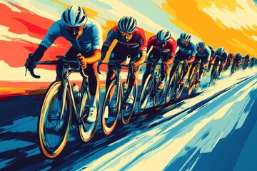 A cycling team drafting together in a race, fast and cooperative, illustration, dynamic and vibrant colors