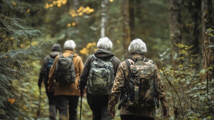 Fototapeta premium A diverse group of senior hikers walking in the forest, captured.
