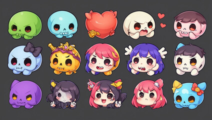 Obraz premium Cute skull sticker collection set, AI generated illustrations 8