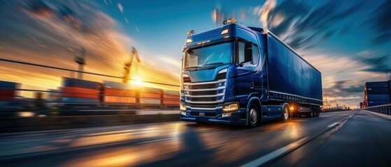 Fototapeta premium Cargo Truck on Highway near Port at Sunset. Generative ai
