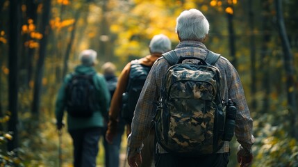 A diverse group of senior hikers walking in the forest, captured.
