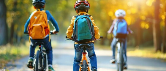 Children Riding Bicycles with Backpacks in Autumn Park. Generative ai