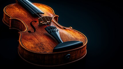Obraz premium Elegant Wooden Violin Close-Up in Studio Lighting, Highlighting the Craftsmanship and Rich Tone of a Classical String Instrument