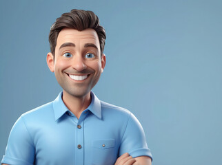 Smiling friendly cartoon character adult man portrait wearing blue shirt in 3d style design on light background with copy space.