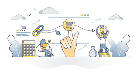 Cost per acquisition or CPA as online advertising measurement model outline concept, transparent background. Marketing efficiency tool to calculate best campaign strategy illustration.