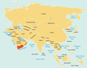Fototapeta premium Highlighted map of YEMEN inside detailed blank flat political map of the Asian continent on isolated background