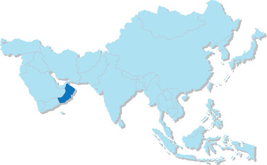 Highlighted map of OMAN inside detailed blank flat political map of the Asian continent on isolated background