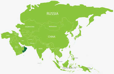 Highlighted map of OMAN inside detailed blank flat political map of the Asian continent on isolated background