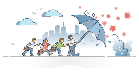 Merchant immune system protection as covering virus safe umbrella for resistance outline concept, transparent background. Defending labor from pandemic covid-19 danger with hygiene.