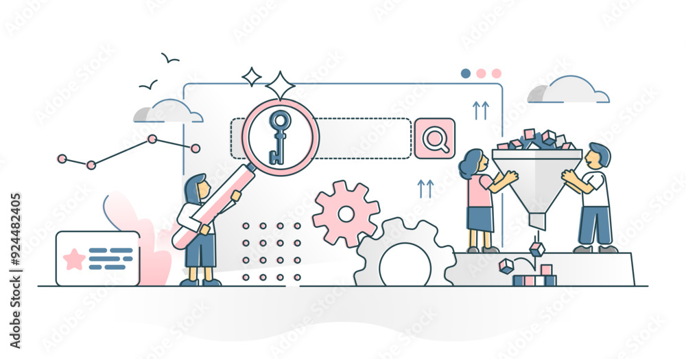 Poster seo keyword research with data content optimization monocolor outline concept, transparent backgroun