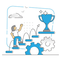 Success ladder climbing step by step to target goal monocolor outline concept, transparent background. Gradually reaching achievement and career peak performance illustration.