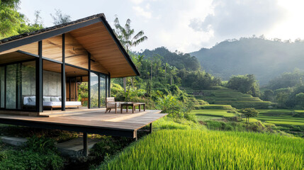 Secluded modern cabin with outdoor bench by rice field, nature living