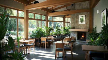 Fototapeta premium A cozy coffee shop by lush greenery, wooden beams and stone accents