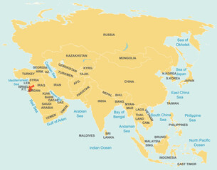 Fototapeta premium Highlighted map of JORDAN inside detailed blank flat political map of the Asian continent on isolated background