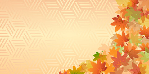 秋にぴったりな、赤や緑の紅葉したカエデの葉が重なる金色のベクターフレーム画像
