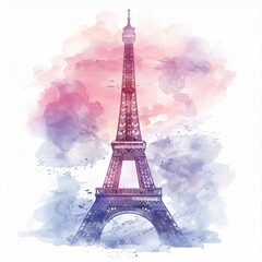 A watercolor clipart of the Eiffel Tower in Paris, painted with delicate strokes that capture the intricate ironwork and the iconic shape. The tower stands tall against a white background, surrounded