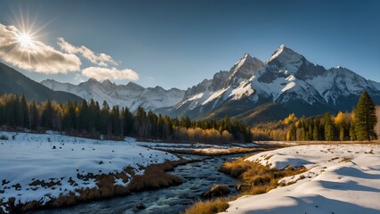 A winding river flows through a snowy valley, surrounded by snow-capped mountains and a forest of evergreen trees under a bright, clear sky.