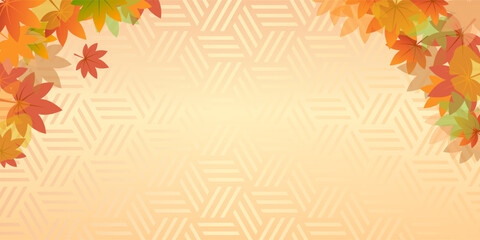 秋にぴったりな、赤や緑の紅葉したカエデの葉が重なる金色のベクターフレーム画像