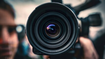 Close-up of a video camera lens, capturing the world in focus