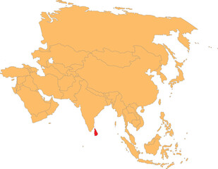 Highlighted map of SRI LANKA inside detailed blank flat political map of the Asian continent on isolated background