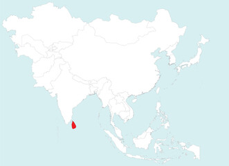 Highlighted map of SRI LANKA inside detailed blank flat political map of the Asian continent on isolated background