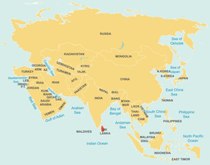 Highlighted map of SRI LANKA inside detailed blank flat political map of the Asian continent on isolated background