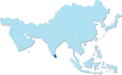 Highlighted map of SRI LANKA inside detailed blank flat political map of the Asian continent on isolated background