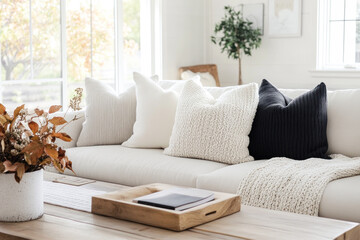 Modern house interior living room sofa decor with black chunky knit pillows