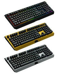 Collection of mechanical keyboards isolated on white background with clipping path. 3D rendering of streaming gear and gamer workspace concept