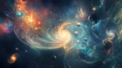 2. An otherworldly scene of swirling particles and luminous orbs in a cosmic expanse