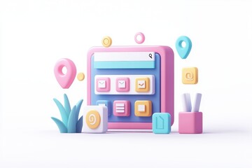 Colorful 3D illustration of a search interface with icons, buttons, and elements representing modern technology and design.