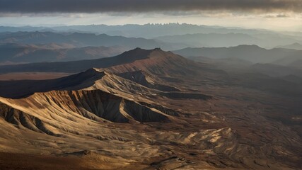 Naklejka premium An aerial view of a mountain range with cloudy skies.