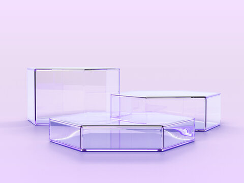 3d glass transparent hexagon and rectangle box podium display on light pink background. Crystal purple clear holographic pedestal platform for cosmetic product. Empty ad stand mockup. 3D illustration